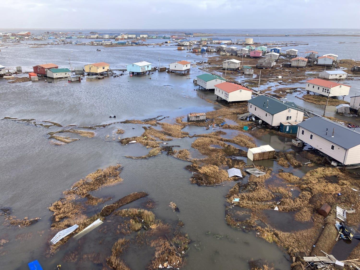 Alaska Air National Guard rescue personnel, assigned to the 176th Wing, conduct search and rescue operations over Kipnuk, Alaska following the devastating Typhoon Halong, Oct. 12, 2025. The Alaska Division of Homeland Security and Emergency Management worked with the Alaska Organized Militia and the U.S. Coast Guard during recovery operations. (Courtesy photo)