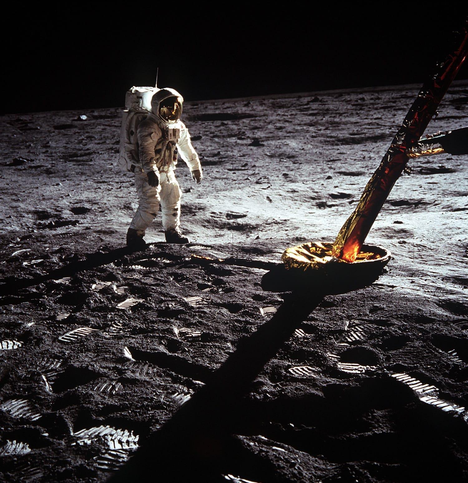 Hours after Apollo 11 landed on the moon July 20, 1969, astronaut Edwin E. Aldrin Jr. walks on the moon’s surface near a leg of the Lunar Module. Fellow astronaut Neil A. Armstrong, who had walked on the moon ahead of Aldrin, took this photo, which shows both astronauts’ boot prints on the lunar surface. (Photo courtesy NASA)