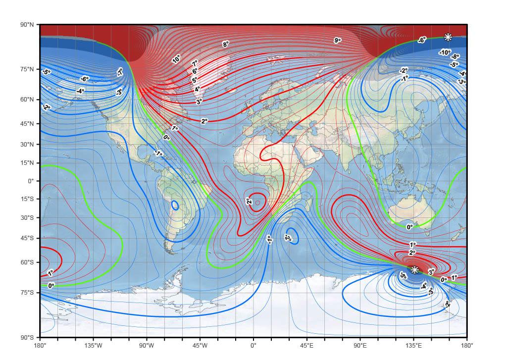 “Change in Declination over 10 years (WMM2025 - WMM2015)”. World Magnetic Model 2025. (National Centers for Environmental Information, National Oceanic and Atmospheric Administration)