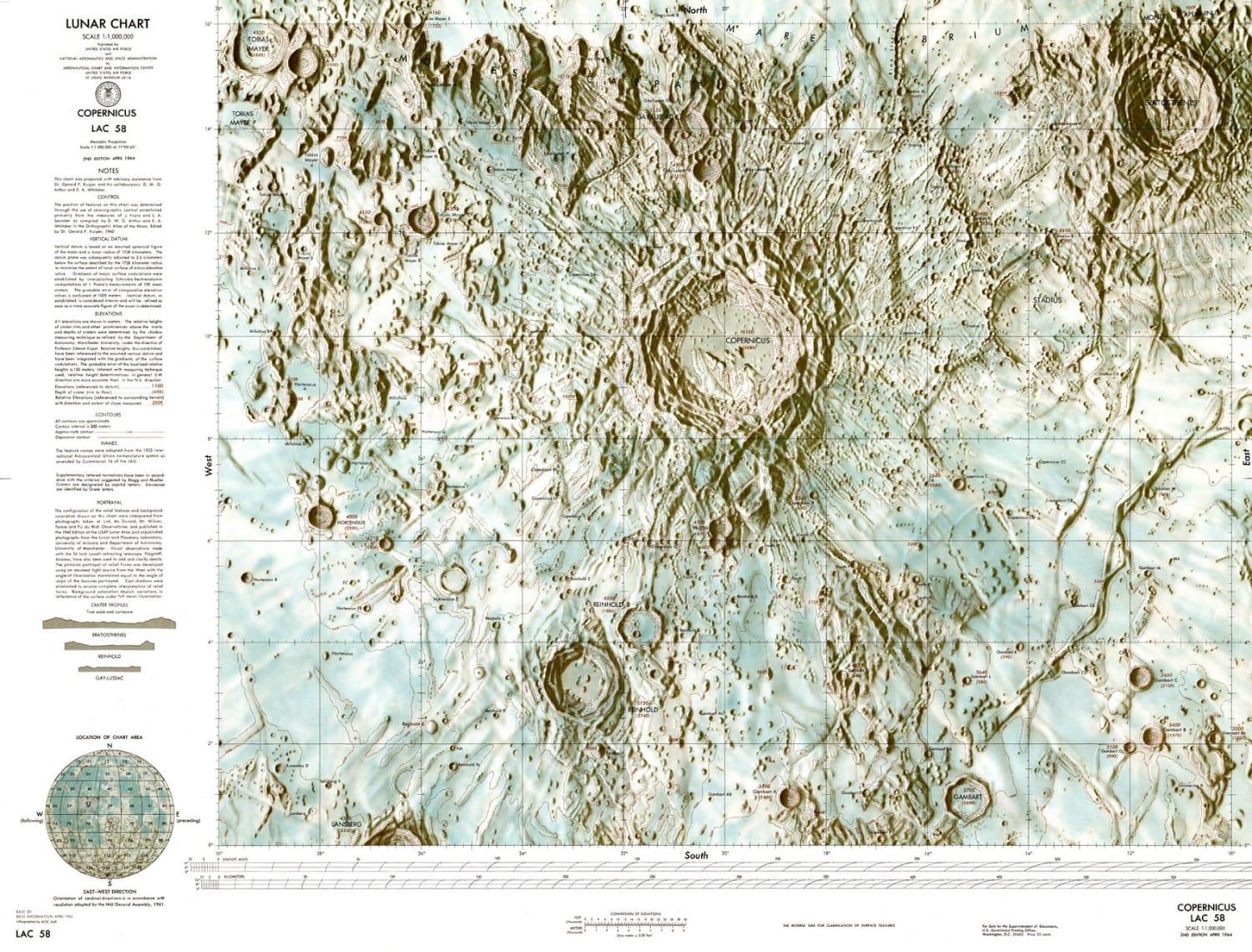 The drawings of the moon’s Copernicus crater made by Patricia Bridges under the stairs at ACIC eventually became the Copernicus Lunar Astronautical Chart, or LAC 58. Photo courtesy of Patricia Bridges/Lowell Observatory.