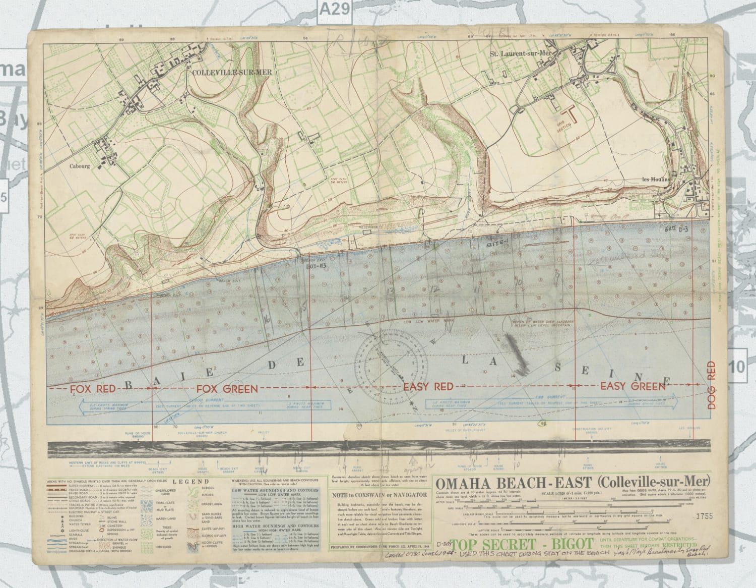 Topographic map of Colleville-sur-Mer. Source: Joseph Peter Vaghi Collection (AFC2001/001/44465), Veterans History Project, American Folklife Center, Library of Congress.