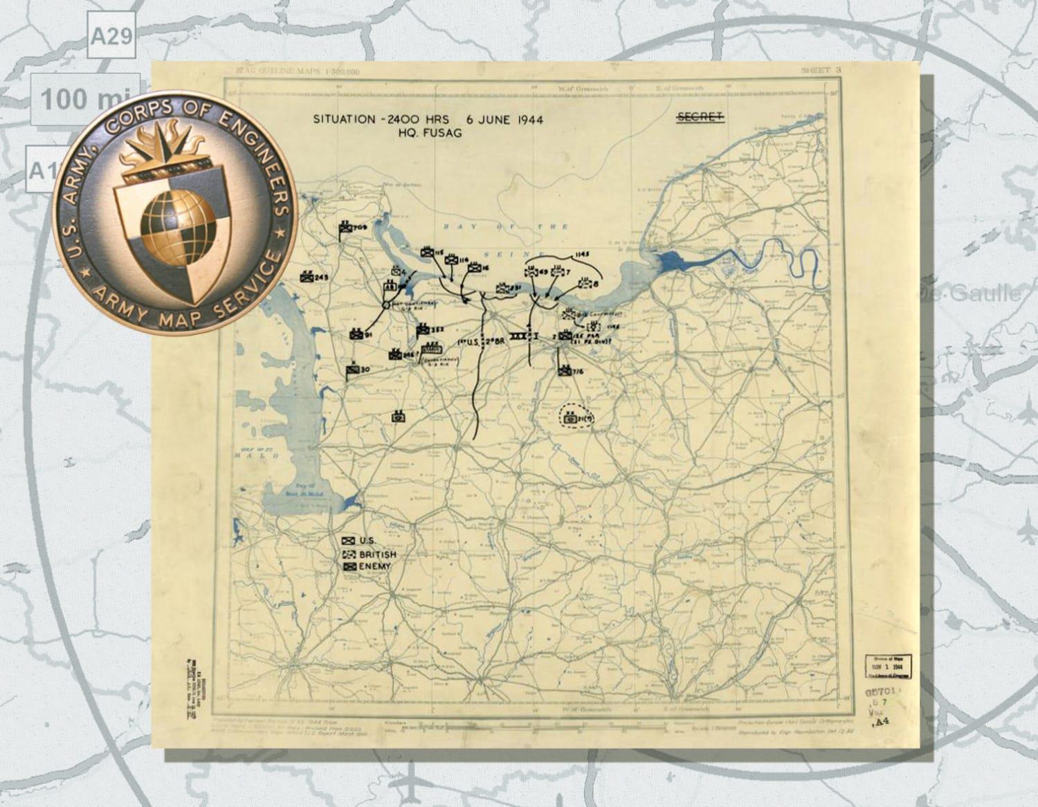 The U.S. 12th Army Group annotated this D-Day map to provide situational awareness of their end-of-day position and known German unit locations. Source: Library of Congress Geography and Map Division 2004629028.