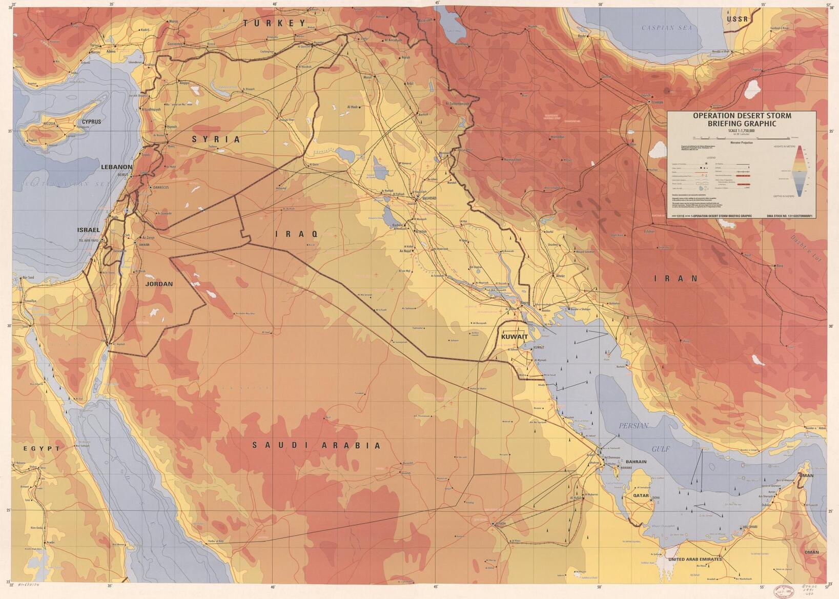 An Operation Desert Storm briefing graphic created by the Defense Mapping Agency Hydrographic/Topographic Center, 1991. The graphic shows western portion of Middle East centered on the Persian Gulf area. (Library of Congress, Geography and Map Division)