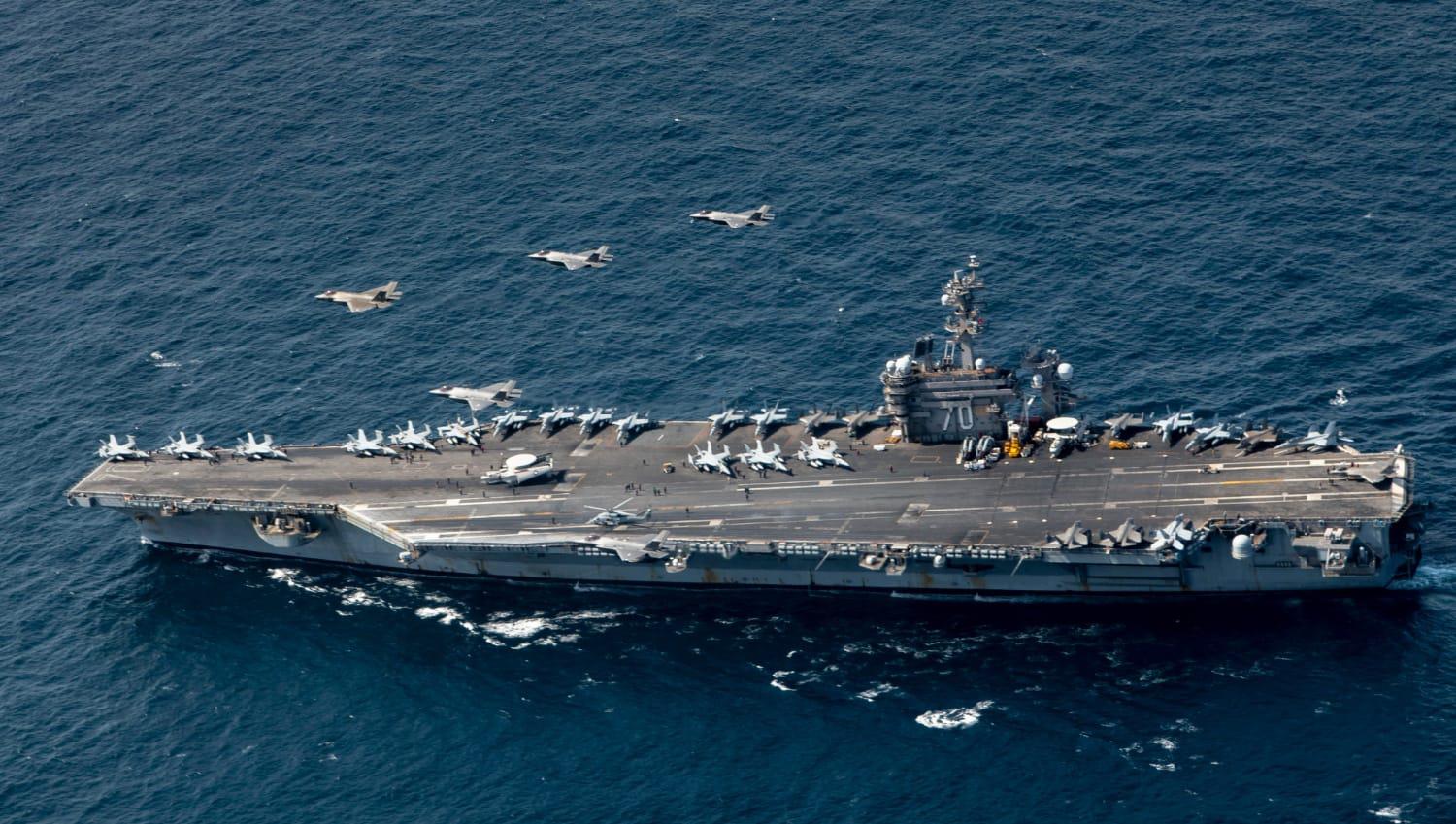 F-35 Lightning IIs from the U.S. Air Force, U.S. Navy, and Republic of Korea Air Force flight in formation over the Nimitz-class aircraft carrier USS Carl Vinson during integration training for Freedom Shield 25, March 13. The exercise event highlighted the capability of U.S. and ROK forces to seamlessly integrate air, ground and maritime operations, reinforcing their enhanced combined defense posture. (Photo courtesy of Republic of Korea Air Force)