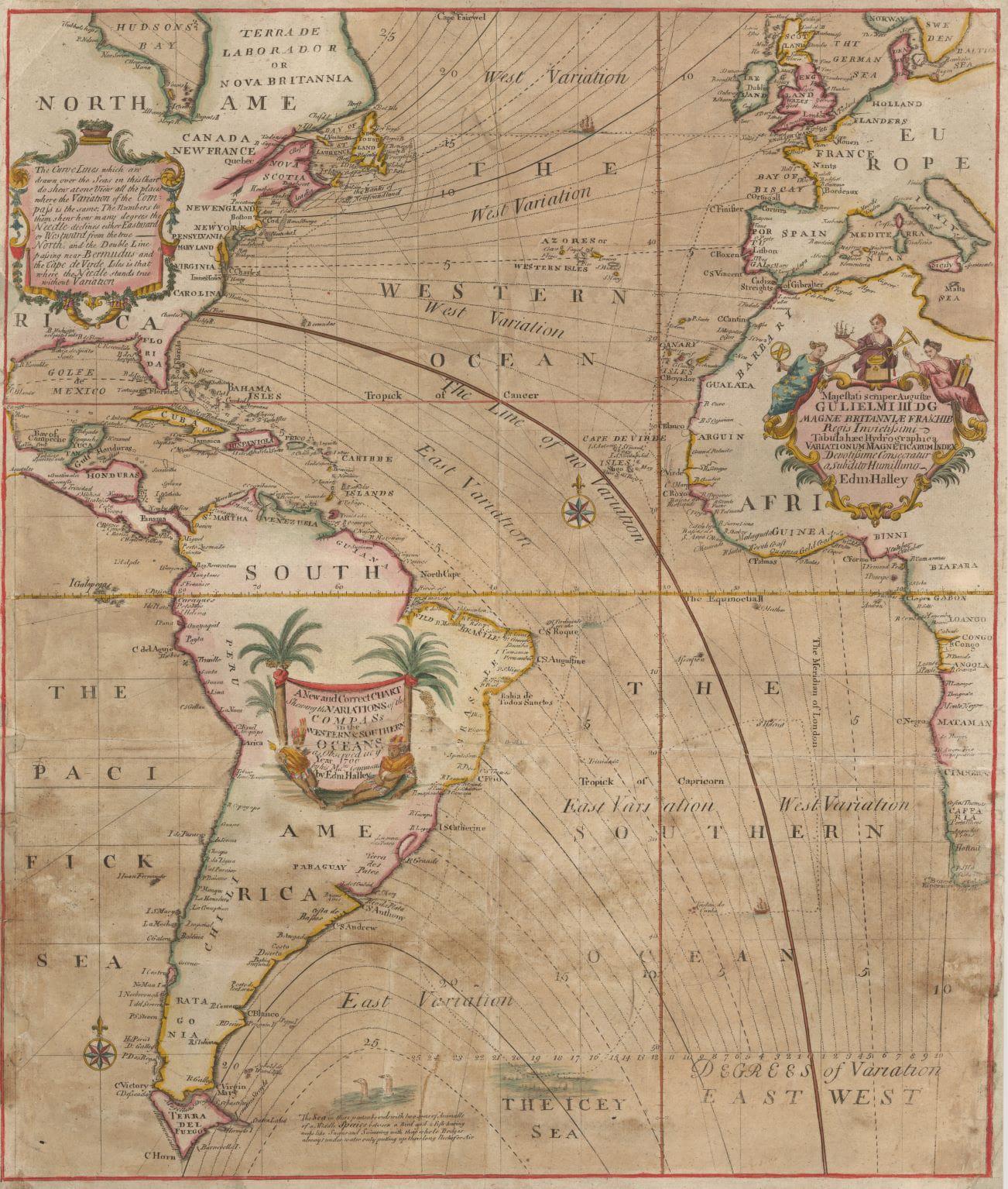 “A New and correct Chart Shewing the Variations of the Compass in the Western & Southern Oceans as Observed in the year 1700 by Edm Halley.” Edmund Halley. (Princeton University Library)