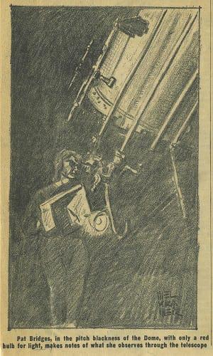 ACIC public affairs officer Mel Kramer sketched this drawing of Patricia Bridges while she made observations at the telescope for an article he wrote in the ACIC newspaper, Orienter.