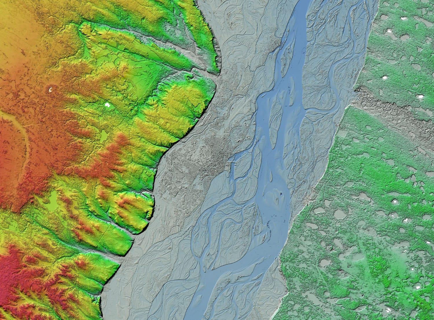 Using Arctic DEM data, an image of the remote Siberian city Yakutsk shows high-quality detail of its rivers, roads and shorelines.