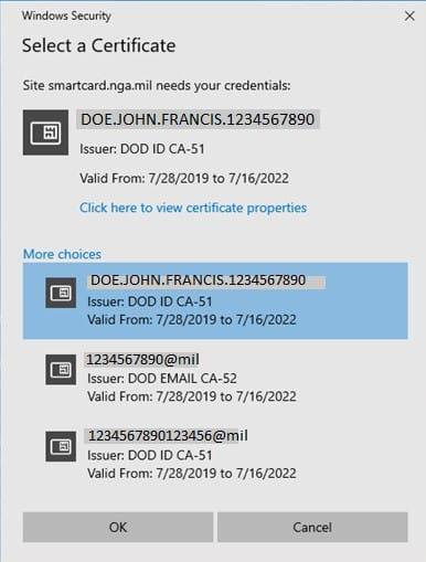 More choices menu when selecting a certificate.