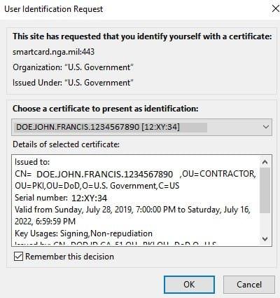The User Identification Request popup.